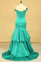 Load image into Gallery viewer, 2024 Off The Shoulder Mermaid Prom Dresses Sweep Train Satin Zipper Back
