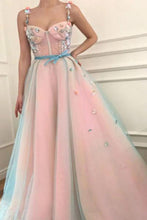 Load image into Gallery viewer, Stunning Applique A-Line Spaghetti Straps Tulle Sweetheart Prom Dresses with Belt SRS15434