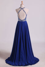 Load image into Gallery viewer, 2024 A Line Prom Dresses Halter Beaded Bodice Open Back Sweep Train Chiffon &amp; Tulle Dark Royal Blue