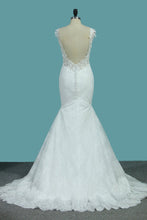 Load image into Gallery viewer, 2024 Mermaid Wedding Dresses Lace Straps With Applique Sweep Train Sexy Open Back