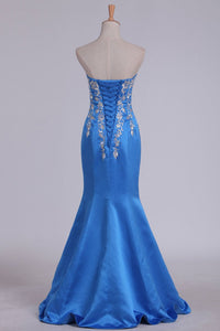 2024 Satin Sweetheart Mermaid Prom Dress With Embroidery Sweep Train