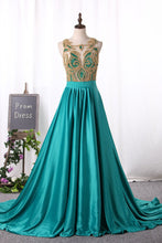 Load image into Gallery viewer, 2024 Prom Dresses Stretch Satin A Line Scoop Beaded Bodice