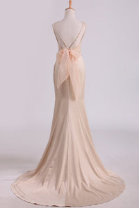 Elegant Bridal Dresses 2024 Mermaid Bateau Court Train Stretch Satin With Beading Open Back