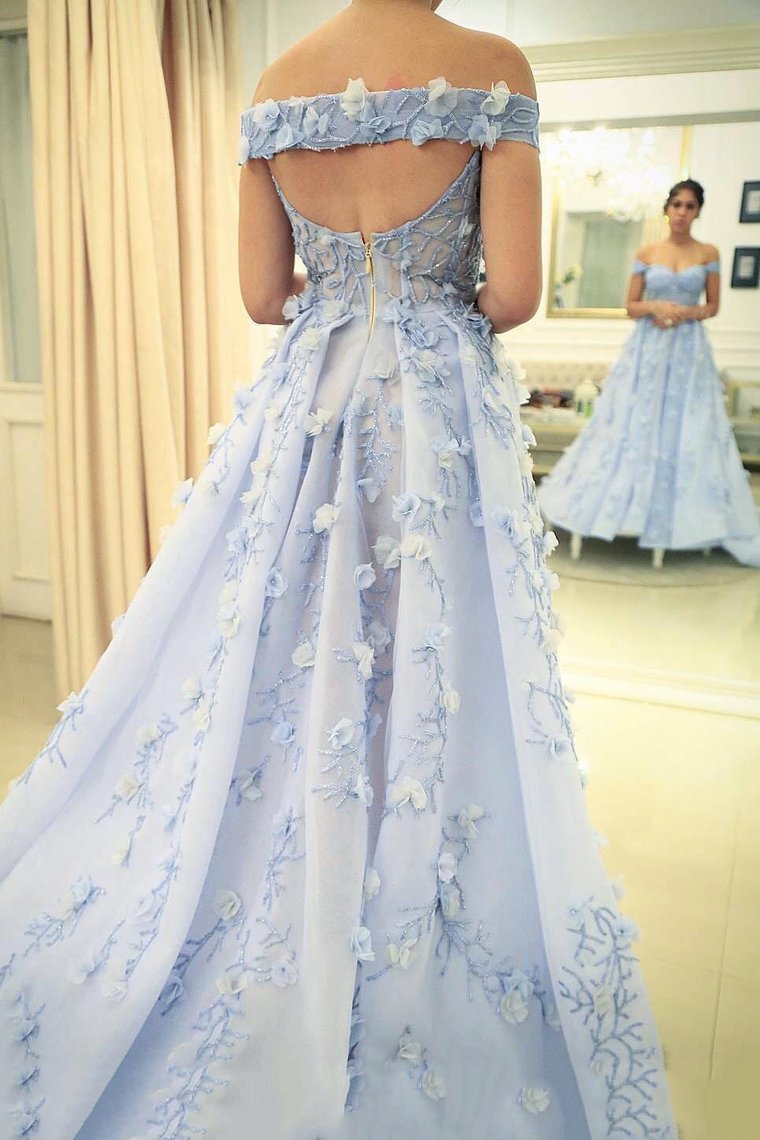 2023 Exquisite Prom Dresses Off The Shoulder Organza With Beads And Handmade Flower