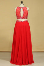 Load image into Gallery viewer, 2024 Red Scoop Two Pieces A Line Prom Dresses Beaded Bodice Open Back Chiffon &amp; Tulle