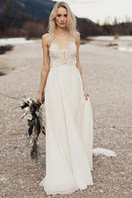 Load image into Gallery viewer, Spaghetti Straps Long Ivory Lace Chiffon Simple Elegant Beach Wedding Dresses