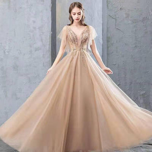 A Line V Neck Tulle Long Prom Dresses, Cheap Evening Dress with SRS20488