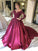 Ball Gown Long Sleeves Burgundy Satin Beads Prom Dresses with Appliques, Quinceanera Dress SRS15498