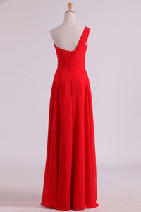 2024 Red One Shoulder A Line Prom Dresses Chiffon Floor Length With Beading And Ruffles
