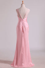 Load image into Gallery viewer, 2024 Bridesmaid Dresses V Neck A Line Chiffon With Slit And Ruffles