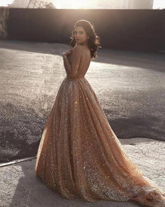 Sparkly Spaghetti Straps A Line Elegant Long Prom Dress, Sequins Evening Party Dresses SRS15430