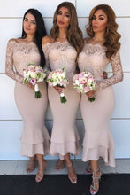 Load image into Gallery viewer, Long Sleeves Mermaid Sheath Lace Bridesmaid Dresses Elegant Wedding Party Dresses
