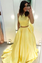 Load image into Gallery viewer, 2 Pieces Long A-Line Yellow Satin Simple Cheap Prom Dresses With Pockets