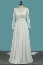 Load image into Gallery viewer, 2024 Long Sleeves A Line Scoop Wedding Dresses With Applique And Sash