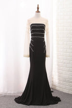 Load image into Gallery viewer, 2024 Mermaid Bateau Long Sleeves Evening Dresses Satin With Pearls Sweep Train