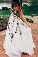 Load image into Gallery viewer, Lace Prom Dresses With Floral Embroidery A Line V Neck Evening Dresses