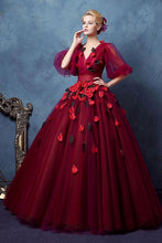 Load image into Gallery viewer, Dark Red Half Sleeves V Neck Ball Gown Prom Dress