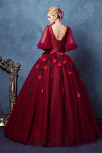 Load image into Gallery viewer, Dark Red Half Sleeves V Neck Ball Gown Prom Dress