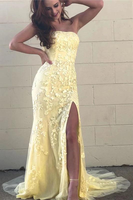 Yellow Mermaid Strapless Lace Appliques Prom Dresses with Slit, Evening SRS20475