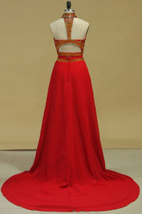 2024 Two-Piece High Neck With Beading Chiffon Prom Dresses