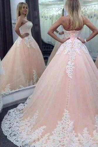 Vintage Ball Gown Sweetheart Pink Lace Appliques Tulle Long Quinceanera Dresses RS93