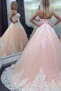 Vintage Ball Gown Sweetheart Pink Lace Appliques Tulle Long Quinceanera Dresses RS93