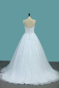 2024 Sweetheart A Line Tulle Wedding Dresses Beaded Bodice Court Train