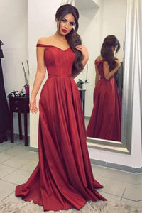 Satin Off the Shoulder A-line Sweep Train Sashes Sweetheart Burgundy Prom Dresses RS604