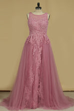 Load image into Gallery viewer, Sheath Scoop Lace &amp; Tulle Evening Dresses With Applique Sweep SRSPGL3MA6T
