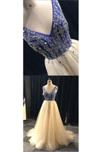 Load image into Gallery viewer, Champagne And Blue Long V-Neck Beading Backless Prom Dresses