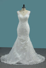 Load image into Gallery viewer, 2024 Mermaid Wedding DressesV Neck Tulle With Applique Mermaid Court Train