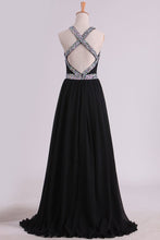 Load image into Gallery viewer, 2024 Black Prom Dresses A Line Chiffon With Beads And Slit Cross Back