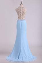 Load image into Gallery viewer, 2023 Prom Dresses  Scoop Sheath Two Pieces Chiffon With Beading And Slit Sweep Train