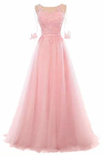 Load image into Gallery viewer, A-Line Mid-Length Sleeves Round Neck Lace Tulle Ball Gown Beading Evening Long Dress