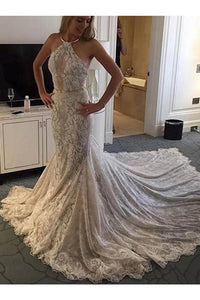 Halter Mermaid Lace Sleeveless Wedding Dress With SRSP8XSP72Y