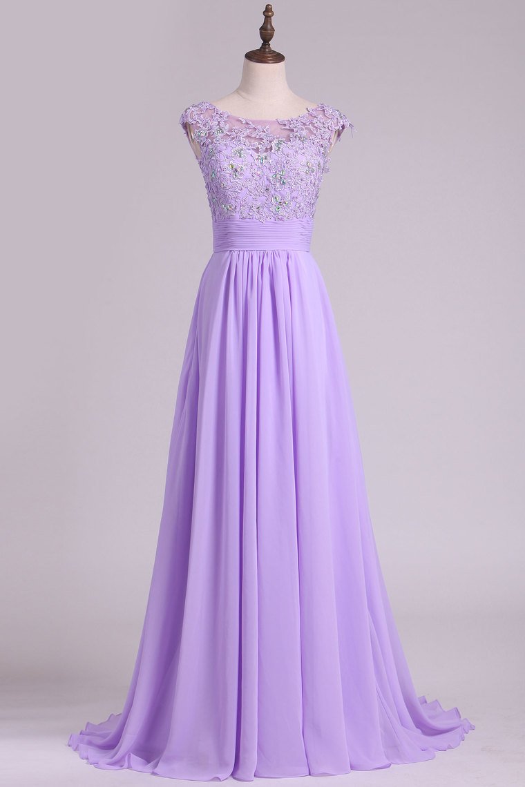 2024 New Arrival Bateau Prom Dresses A Line Chiffon With Applique And Beads
