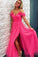 A Line Off the Shoulder Hot Pink Tulle Prom Dresses with Split, Long Formal Dresses SRS15493