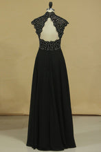 Load image into Gallery viewer, 2024 Black High Neck Prom Dresses A Line Chiffon With Applique And Beads