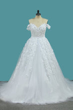 Load image into Gallery viewer, 2024 Tulle A Line Off The Shoulder With Applique And Beads Court Train Wedding Dresses