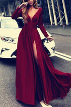 Load image into Gallery viewer, Burgundy Prom Dresses With Slit V Neck Cheap Long Sleeve Prom Dress Evening Dress