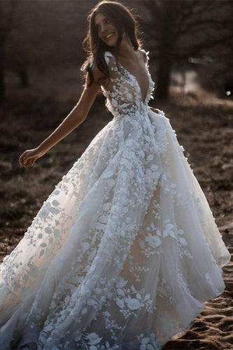 A Line Ivory V Neck Country Wedding Dresses with Appliques, Beach Wedding Gowns SRS15548