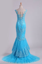 Load image into Gallery viewer, 2023 Mermaid Evening Dresses Bateau Tulle With Applique Sweep Train