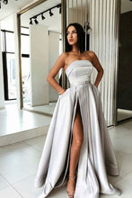 Load image into Gallery viewer, Elegant Strapless Long Silver Satin Simple Prom Dresses With Pockets