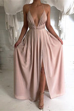 Load image into Gallery viewer, Deep V-Neck Spaghetti Straps Pink Open Back Simple Cheap Prom Dresses