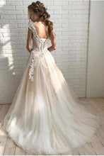 Load image into Gallery viewer, Ivory Elegant Sheer Neck Cap Sleeves Tulle Beach Wedding Dress With SRSPGYBB4G9