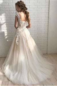Ivory Elegant Sheer Neck Cap Sleeves Tulle Beach Wedding Dress With SRSPGYBB4G9