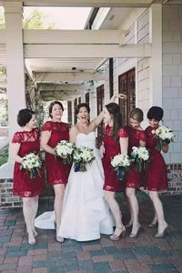A Line Burgundy Lace Cap Sleeve Bridesmaid Dresses, Knee Length Short Wedding Party Dresses SRS14995