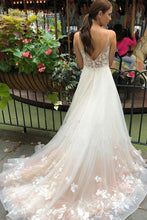 Load image into Gallery viewer, Tulle V Neck Embroidery Long Spaghetti Straps Wedding Dresses, Bridal Dresses SRS15444