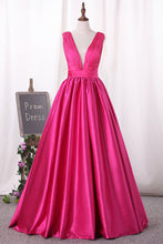 Load image into Gallery viewer, 2024 Satin Prom Dresses V Neck A Line With Ruffles Bodice