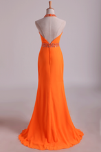 Load image into Gallery viewer, 2024 Prom Dresses Halter Sheath Chiffon With Beads And Ruffles Floor Length